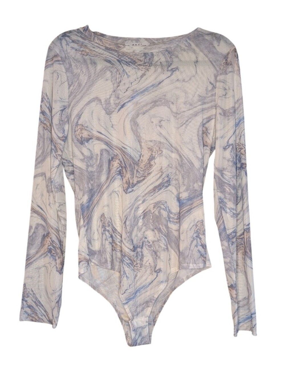 Gaze Sheer Mesh Marble Print Long Sleeve Bodysuit Blue White tan size Large